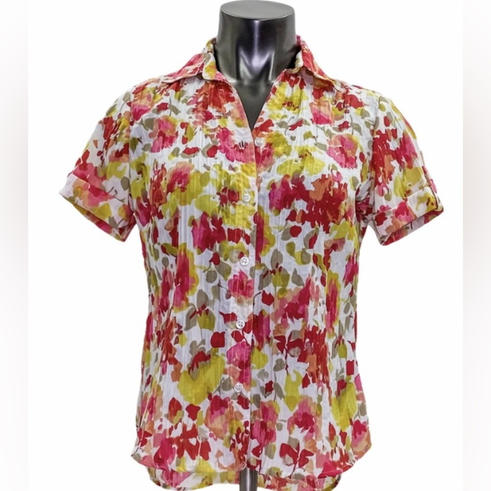 Lemon Grass Floral Button Front Collared Shirt Pink & Yellow XLP
